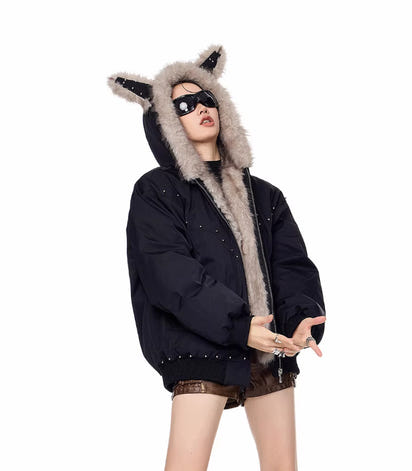 Women's American-style Ear Mountain Carved Fur Collar Loose Puffer Jacket