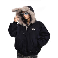 Women's American-style Ear Mountain Carved Fur Collar Loose Puffer Jacket