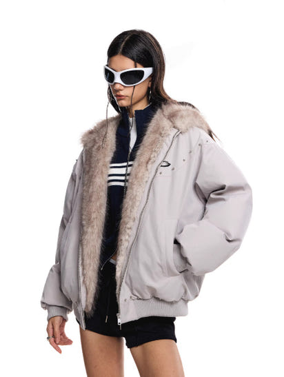 Women's American-style Ear Mountain Carved Fur Collar Loose Puffer Jacket