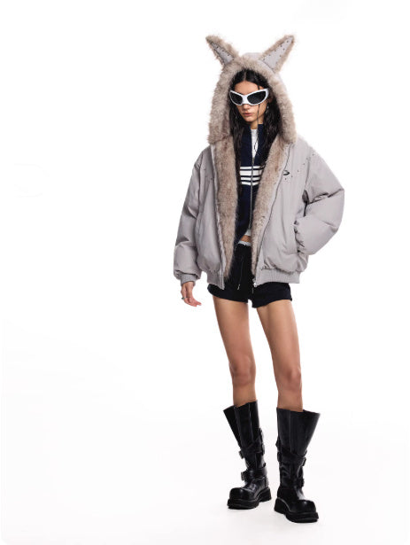 Women's American-style Ear Mountain Carved Fur Collar Loose Puffer Jacket